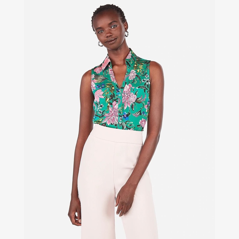 Express Sleeveless Green Floral Portofino Shirt